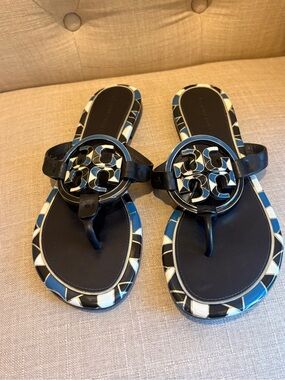 Tory Burch Black and Blue Logo Thong Sandals